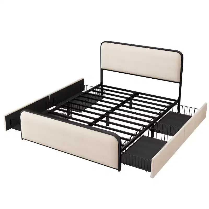Cadre de lit King moderne en métal avec tête de lit capitonnée et 4 tiroirs - Beige