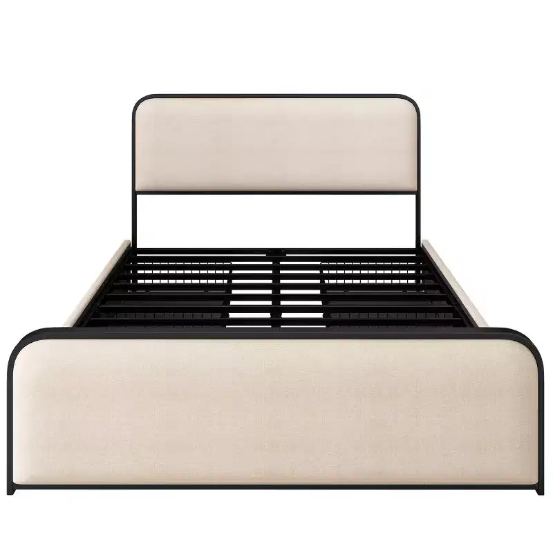 Cadre de lit King moderne en métal avec tête de lit capitonnée et 4 tiroirs - Beige