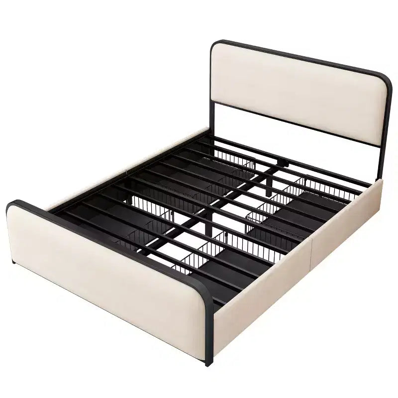 Cadre de lit King moderne en métal avec tête de lit capitonnée et 4 tiroirs - Beige