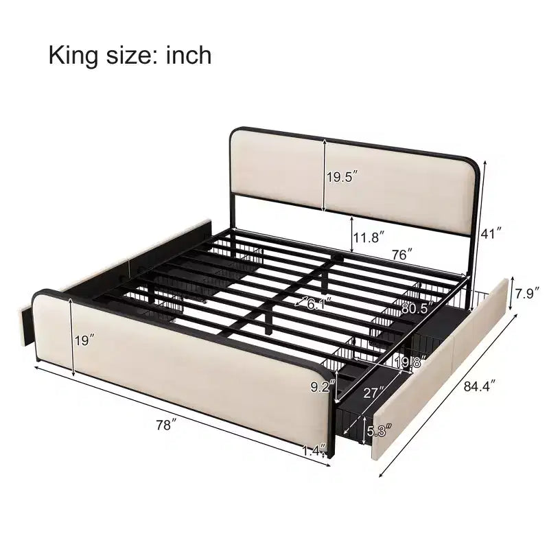 Cadre de lit King moderne en métal avec tête de lit capitonnée et 4 tiroirs - Beige