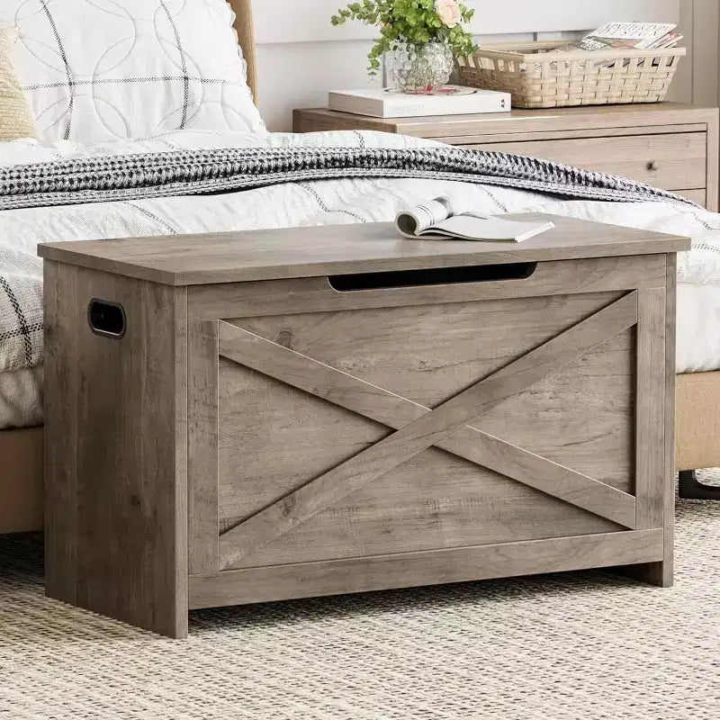 Banc coffre de rangement de 47" avec charnière de sécurité, grande malle à jouets en bois pour chambre ou entrée