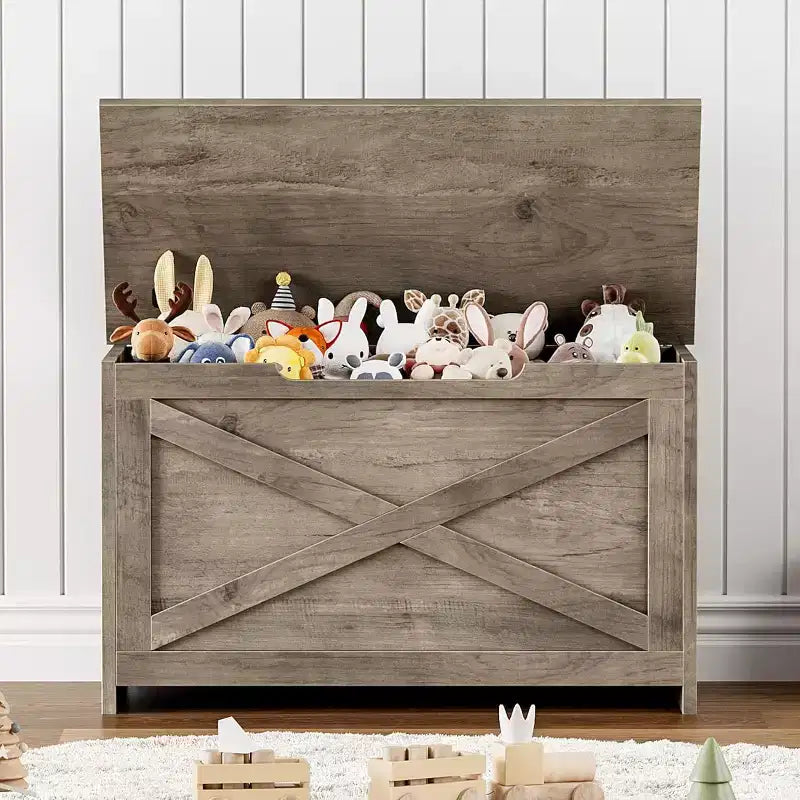 Banc coffre de rangement de 47" avec charnière de sécurité, grande malle à jouets en bois pour chambre ou entrée