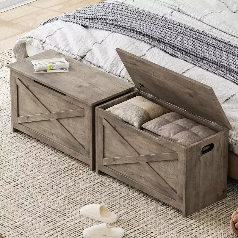 Banc coffre de rangement de 47" avec charnière de sécurité, grande malle à jouets en bois pour chambre ou entrée