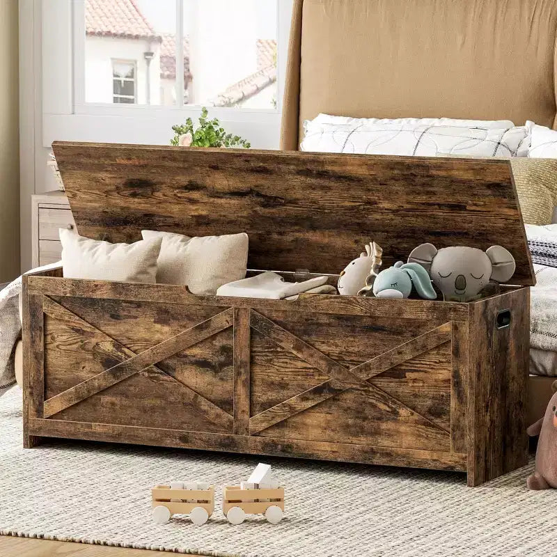 Banc coffre de rangement de 47" avec charnière de sécurité, grande malle à jouets en bois pour chambre ou entrée