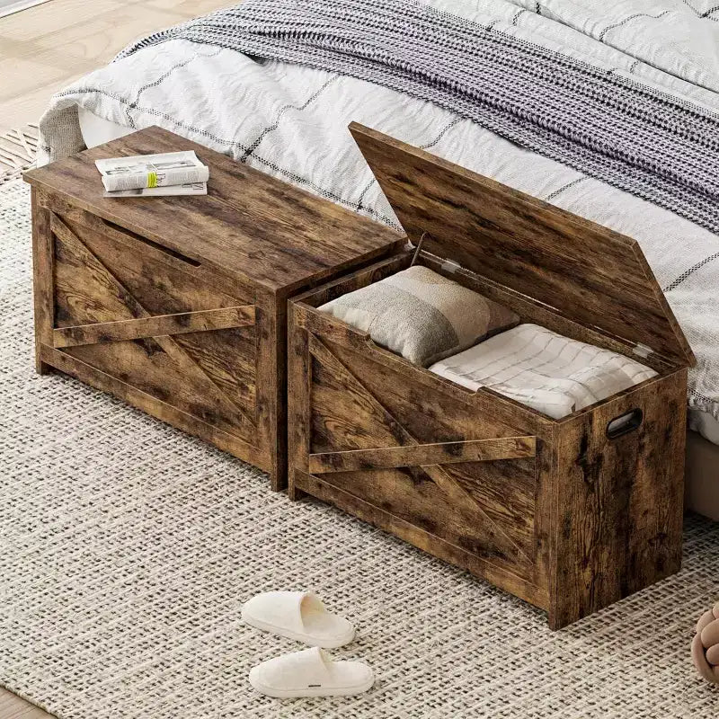 Banc coffre de rangement de 47" avec charnière de sécurité, grande malle à jouets en bois pour chambre ou entrée