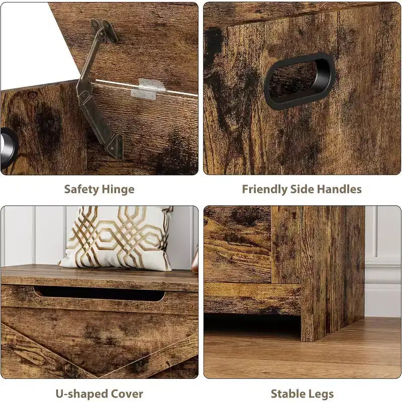 Banc coffre de rangement de 47" avec charnière de sécurité, grande malle à jouets en bois pour chambre ou entrée