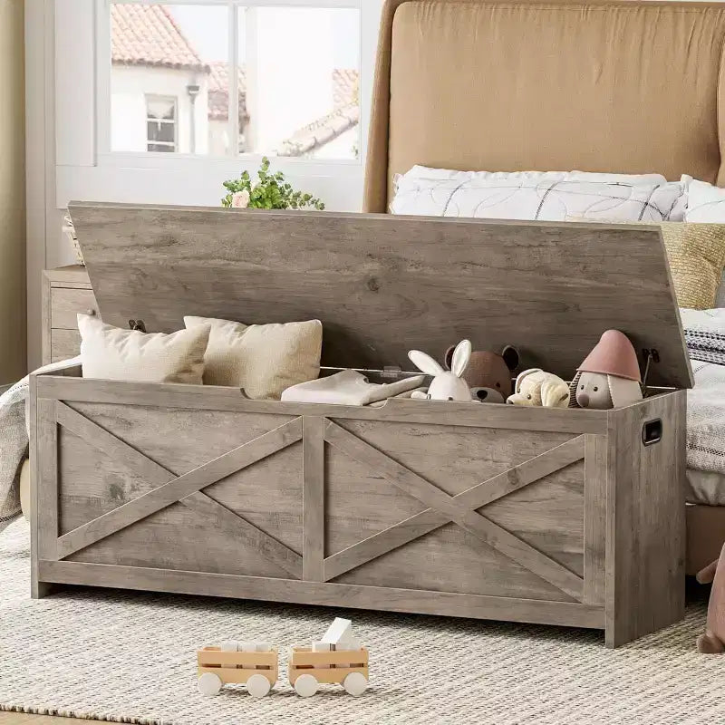 Banc coffre de rangement de 47" avec charnière de sécurité, grande malle à jouets en bois pour chambre ou entrée