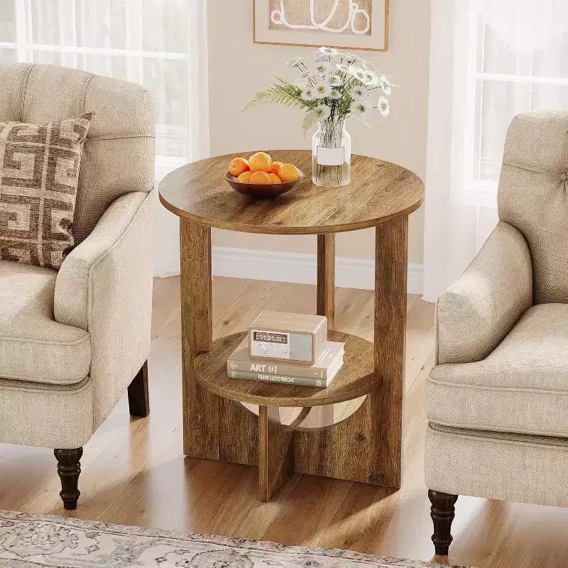 Table d'appoint ronde à 2 niveaux avec rangement, pour salon, chambre et petits espaces, table de chevet étroite moderne, montage facile, marron