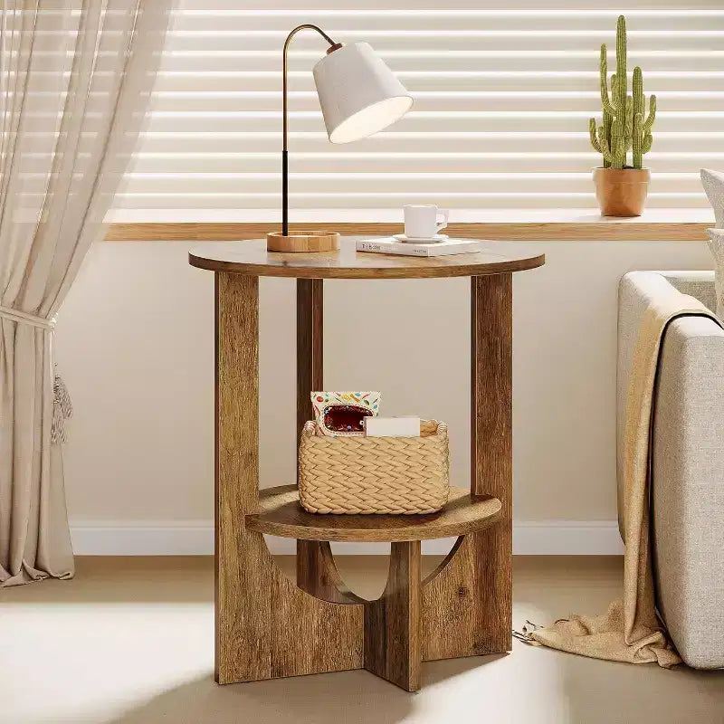 Table d'appoint ronde à 2 niveaux avec rangement, pour salon, chambre et petits espaces, table de chevet étroite moderne, montage facile, marron
