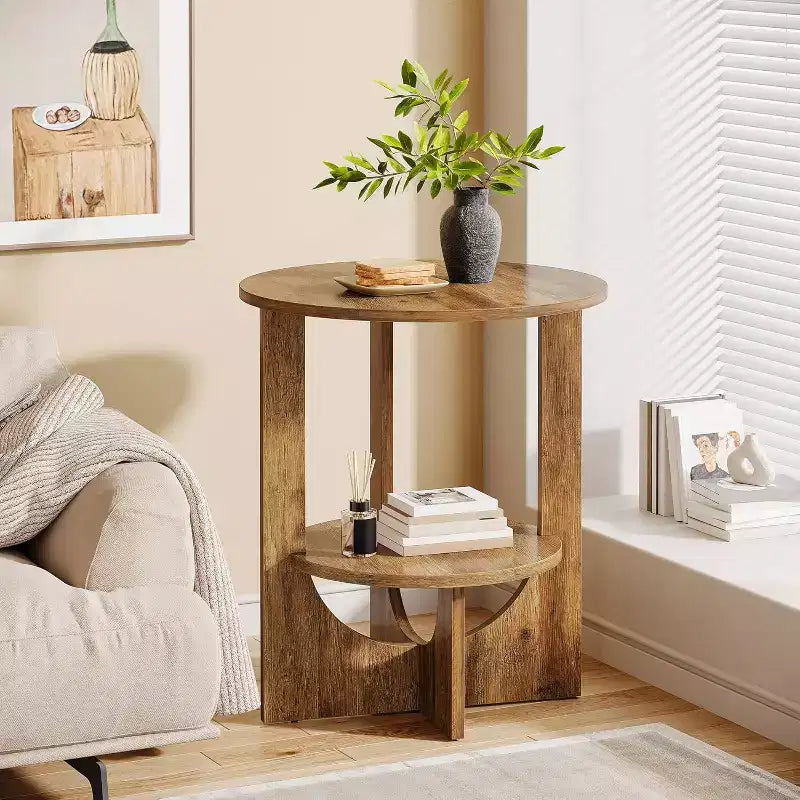 Table d'appoint ronde à 2 niveaux avec rangement, pour salon, chambre et petits espaces, table de chevet étroite moderne, montage facile, marron