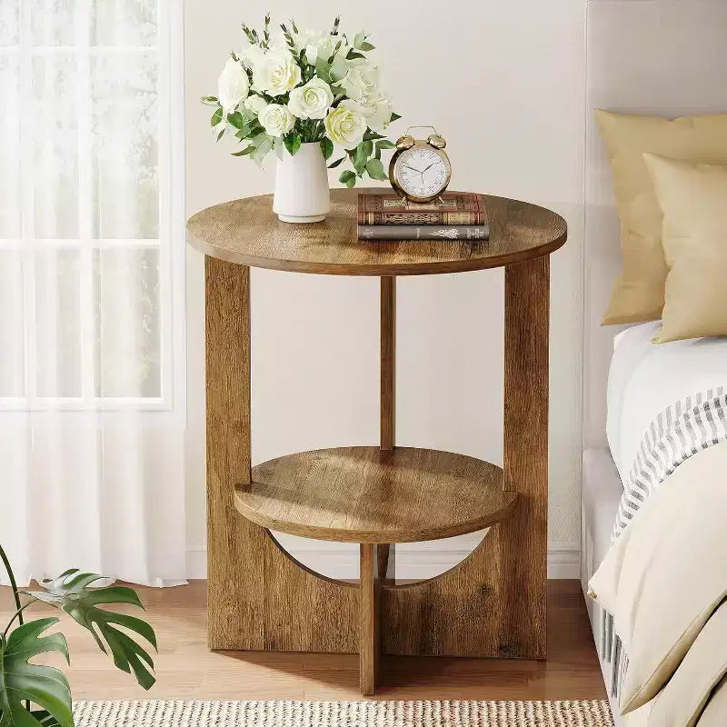 Table d'appoint ronde à 2 niveaux avec rangement, pour salon, chambre et petits espaces, table de chevet étroite moderne, montage facile, marron