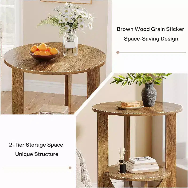 Table d'appoint ronde à 2 niveaux avec rangement, pour salon, chambre et petits espaces, table de chevet étroite moderne, montage facile, marron