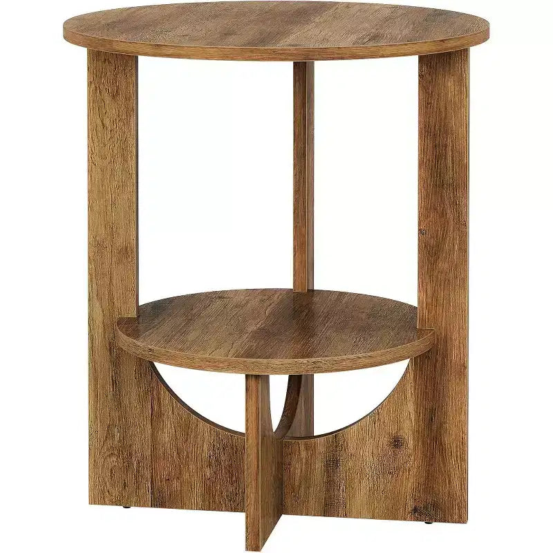 Table d'appoint ronde à 2 niveaux avec rangement, pour salon, chambre et petits espaces, table de chevet étroite moderne, montage facile, marron