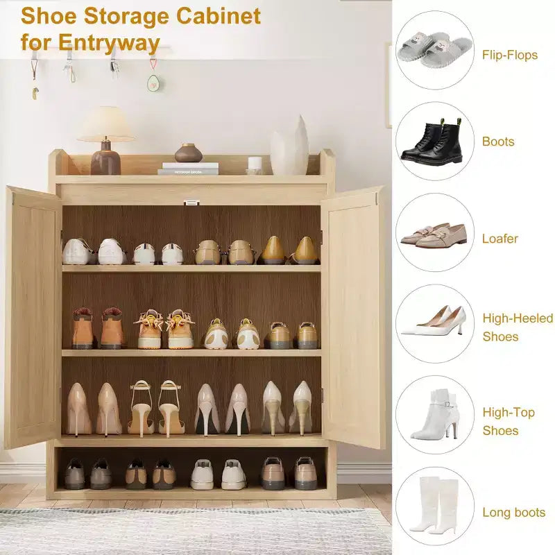Meuble à chaussures 5 niveaux en rotin avec 2 portes et étagères réglables pour entrée, couloir ou salon – Naturel