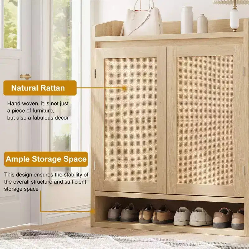 Meuble à chaussures 5 niveaux en rotin avec 2 portes et étagères réglables pour entrée, couloir ou salon – Naturel