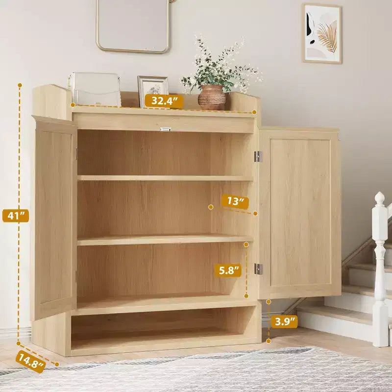 Meuble à chaussures 5 niveaux en rotin avec 2 portes et étagères réglables pour entrée, couloir ou salon – Naturel