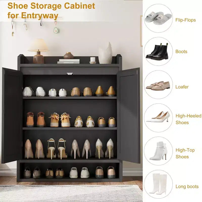 Meuble à chaussures 5 niveaux en rotin avec 2 portes et étagères réglables pour entrée, couloir ou salon – Naturel