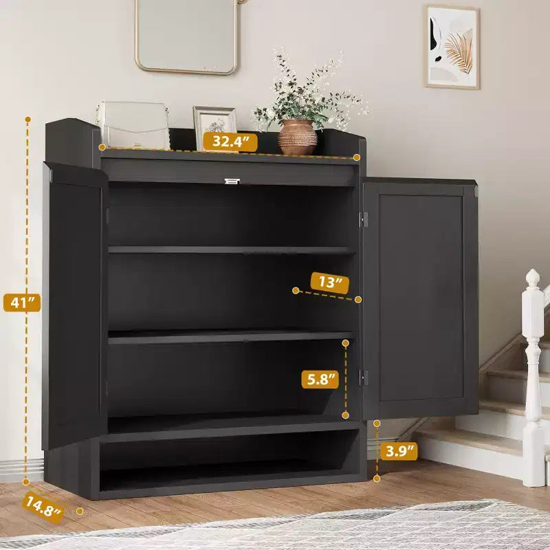 Meuble à chaussures 5 niveaux en rotin avec 2 portes et étagères réglables pour entrée, couloir ou salon – Naturel