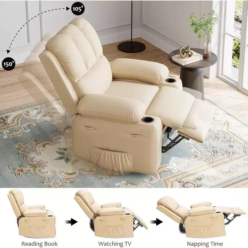 Fauteuil inclinable manuel surdimensionné - Fauteuil en cuir PU de 54 cm de large avec porte-gobelets et rembourrage épais pour le salon