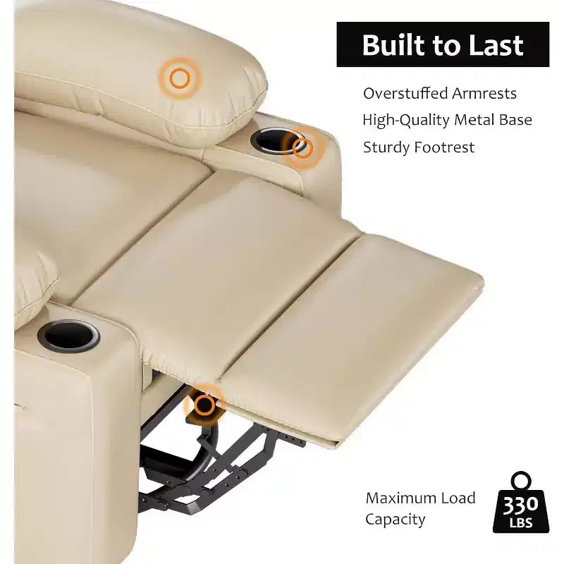 Fauteuil inclinable manuel surdimensionné - Fauteuil en cuir PU de 54 cm de large avec porte-gobelets et rembourrage épais pour le salon