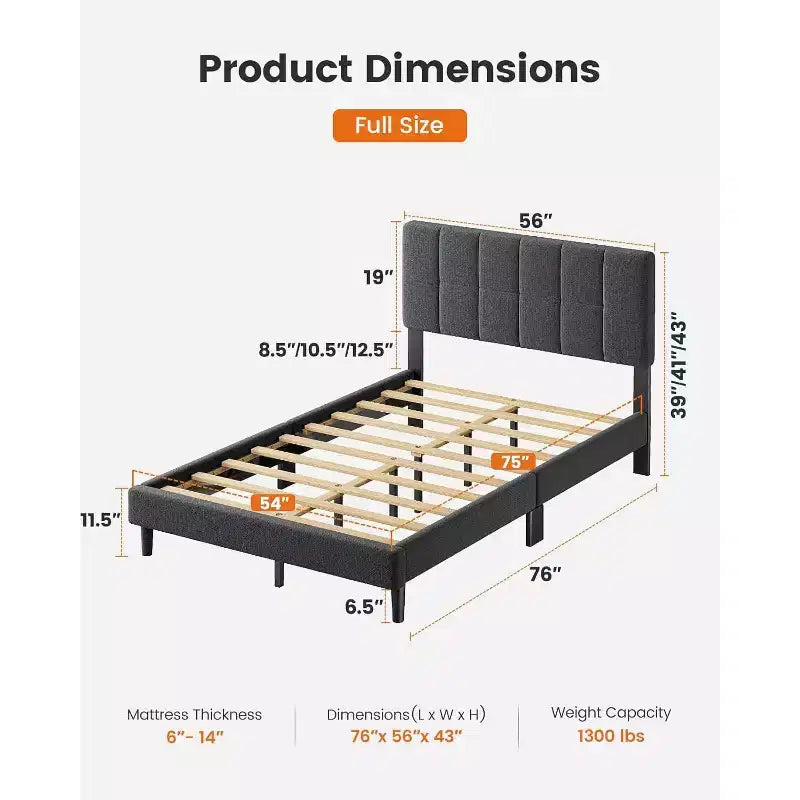 cadre de lit double avec 12 pieds renforcés et une tête de lit capitonnée en tissu, capable de supporter 590 kg et facile à assembler