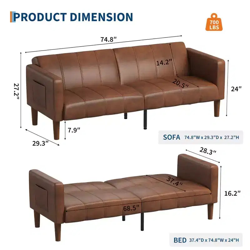 Canapé Futon Convertible 75 po, Lit d'Appoint en Similicuir, Dossier Réglable, Poches Latérales, Canapé-Lit Gain de Place, Marron