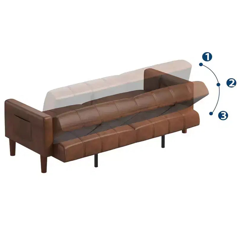 Canapé Futon Convertible 75 po, Lit d'Appoint en Similicuir, Dossier Réglable, Poches Latérales, Canapé-Lit Gain de Place, Marron