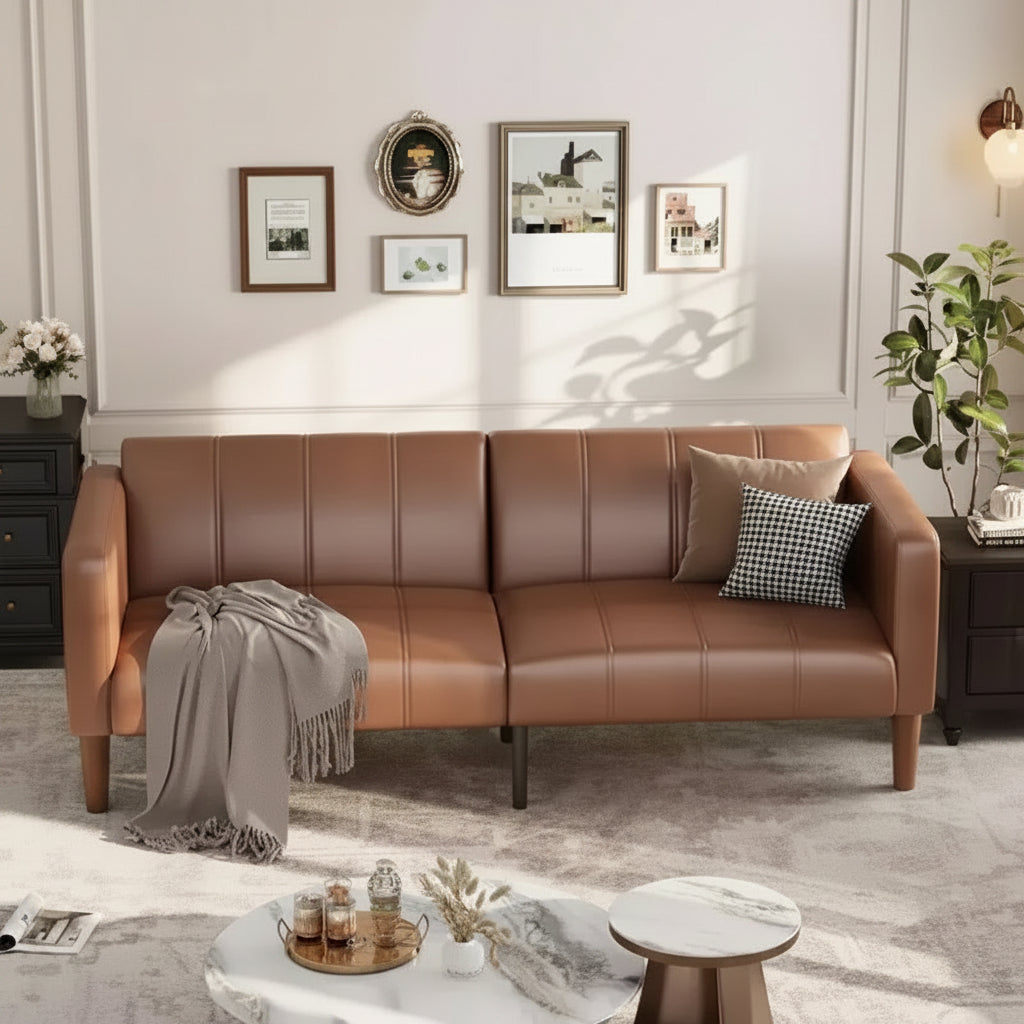Canapé Futon Convertible 75 po, Lit d'Appoint en Similicuir, Dossier Réglable, Poches Latérales, Canapé-Lit Gain de Place, Marron