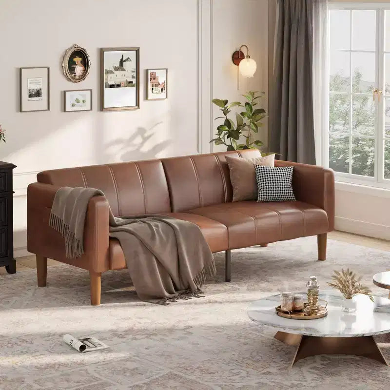Canapé Futon Convertible 75 po, Lit d'Appoint en Similicuir, Dossier Réglable, Poches Latérales, Canapé-Lit Gain de Place, Marron