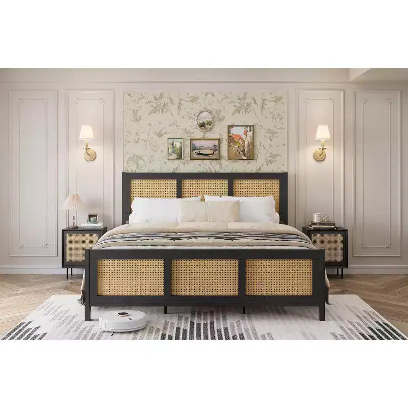 Cadre de lit en rotin noir bohème taille double avec tête de lit, lattes métalliques solides, silencieux, ne nécessite pas de sommier tapissier