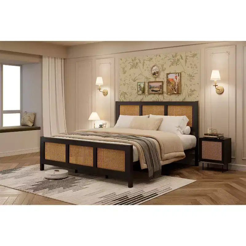 Cadre de lit en rotin noir bohème taille double avec tête de lit, lattes métalliques solides, silencieux, ne nécessite pas de sommier tapissier