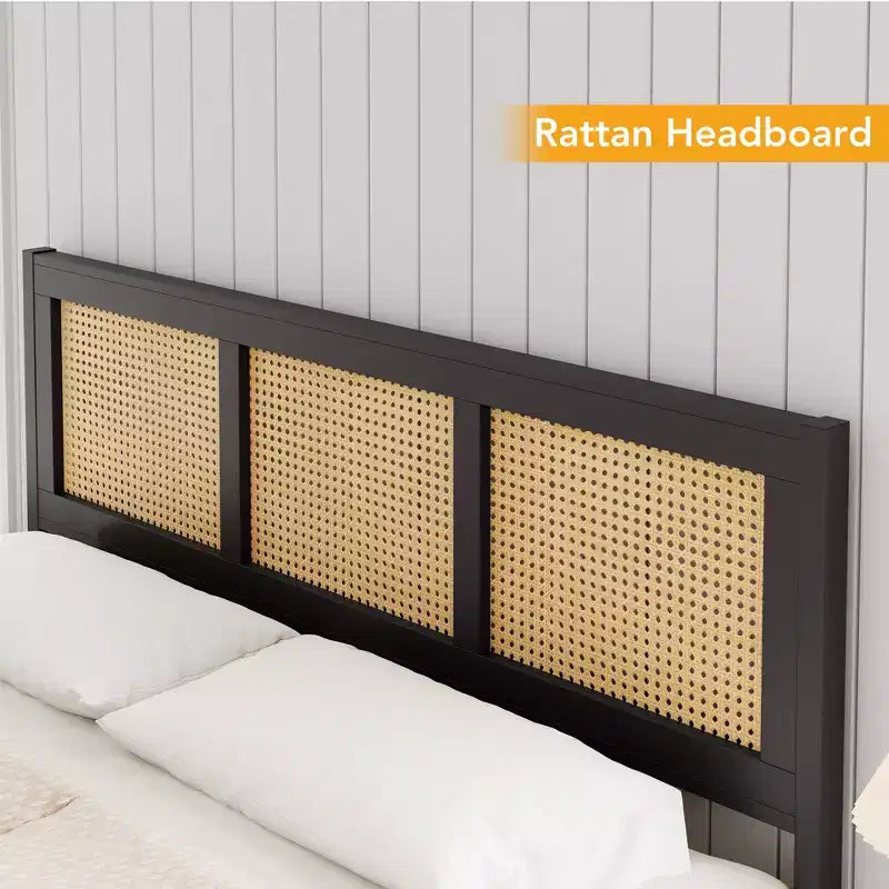 Cadre de lit en rotin noir bohème taille double avec tête de lit, lattes métalliques solides, silencieux, ne nécessite pas de sommier tapissier
