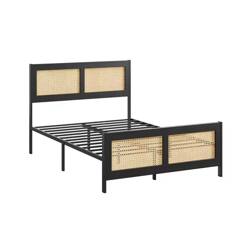 Cadre de lit en rotin noir bohème taille double avec tête de lit, lattes métalliques solides, silencieux, ne nécessite pas de sommier tapissier