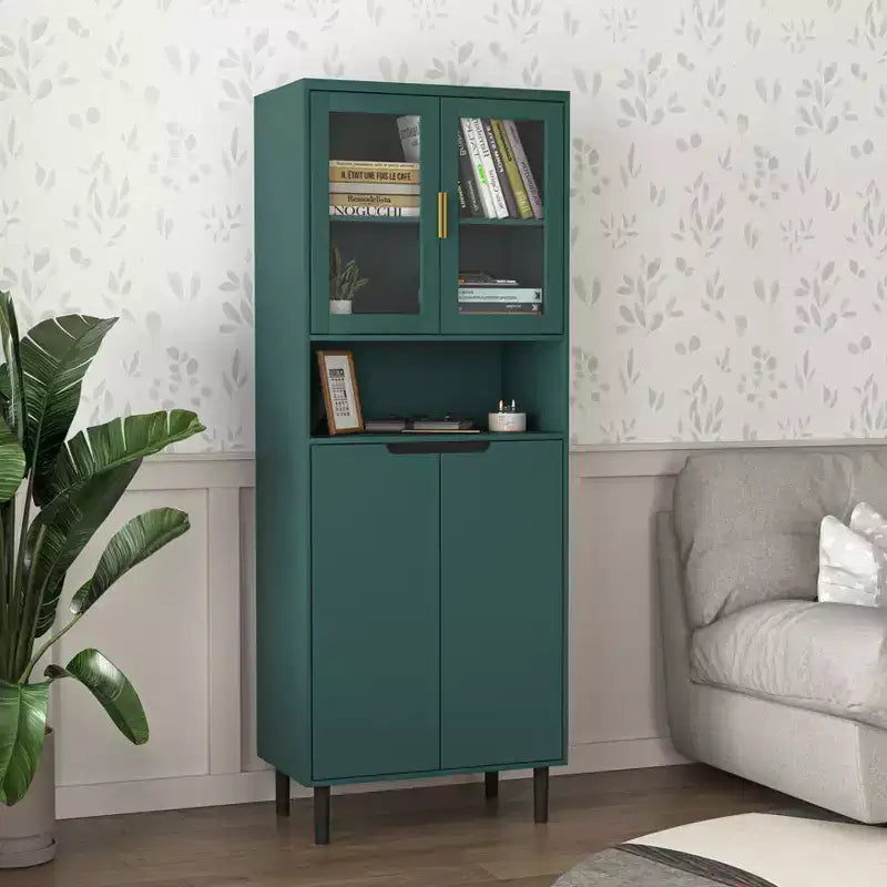 Étagère Haute avec Planche Réglable, Étagères de Rangement Autonomes avec 4 Portes en Verre Trempé, Vitrine pour Salon, Bureau, Vert