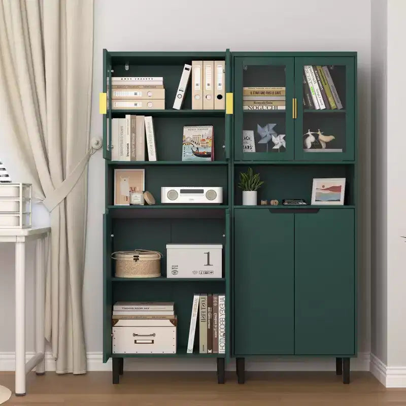 Étagère Haute avec Planche Réglable, Étagères de Rangement Autonomes avec 4 Portes en Verre Trempé, Vitrine pour Salon, Bureau, Vert