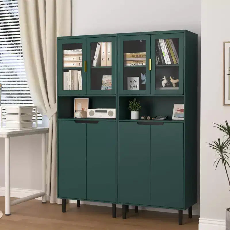 Étagère Haute avec Planche Réglable, Étagères de Rangement Autonomes avec 4 Portes en Verre Trempé, Vitrine pour Salon, Bureau, Vert