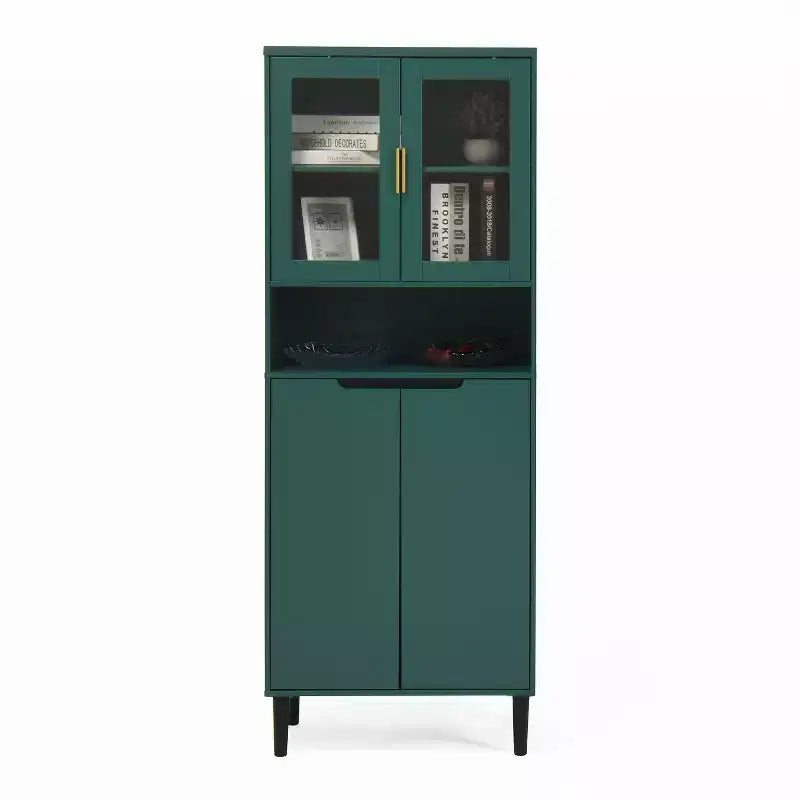 Étagère Haute avec Planche Réglable, Étagères de Rangement Autonomes avec 4 Portes en Verre Trempé, Vitrine pour Salon, Bureau, Vert