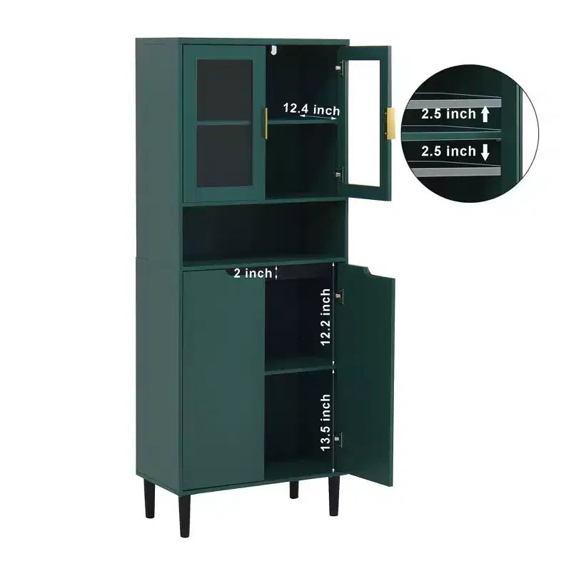 Étagère Haute avec Planche Réglable, Étagères de Rangement Autonomes avec 4 Portes en Verre Trempé, Vitrine pour Salon, Bureau, Vert