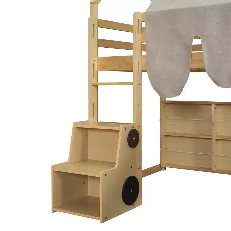 Lit cabane surélevé avec toboggan, baldaquin en tissu et rangements intégrés