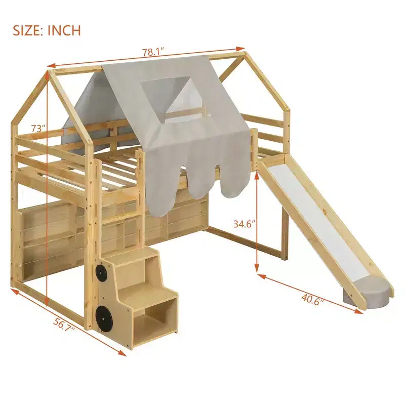 Lit cabane surélevé avec toboggan, baldaquin en tissu et rangements intégrés