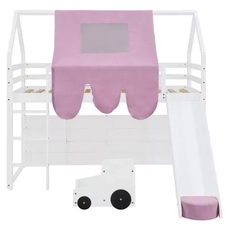 Lit cabane surélevé avec toboggan, baldaquin en tissu et rangements intégrés