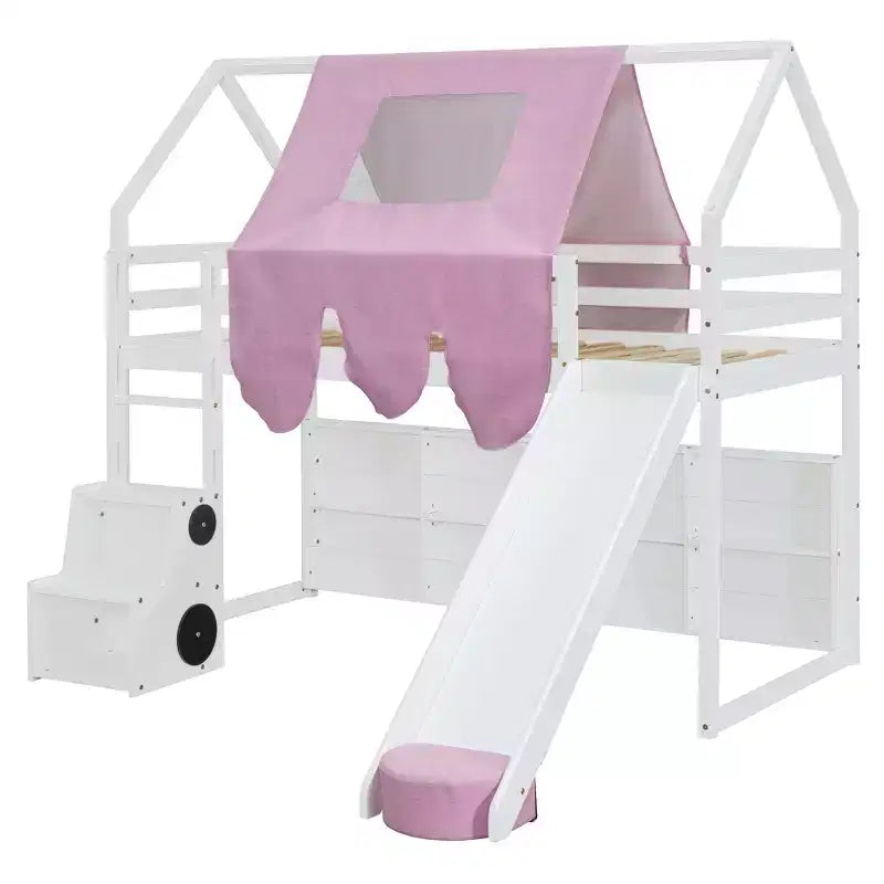 Lit cabane surélevé avec toboggan, baldaquin en tissu et rangements intégrés