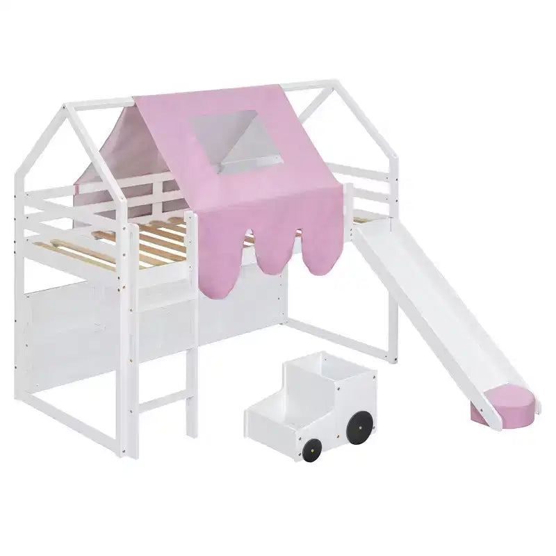 Lit cabane surélevé avec toboggan, baldaquin en tissu et rangements intégrés