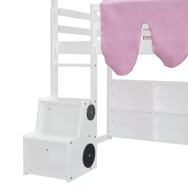 Lit cabane surélevé avec toboggan, baldaquin en tissu et rangements intégrés