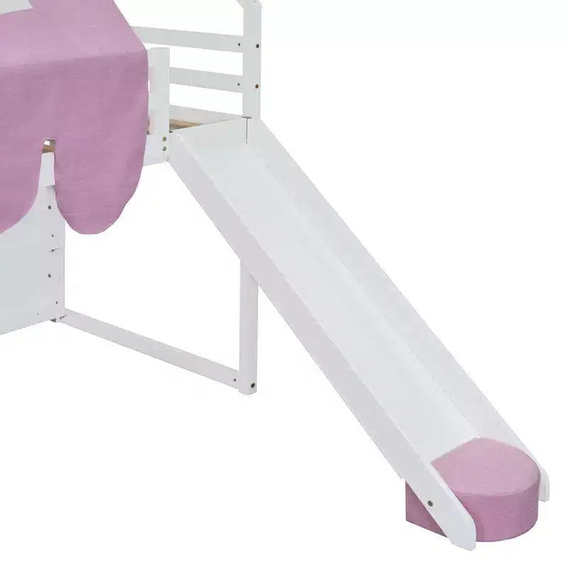 Lit cabane surélevé avec toboggan, baldaquin en tissu et rangements intégrés