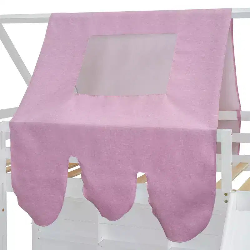 Lit cabane surélevé avec toboggan, baldaquin en tissu et rangements intégrés