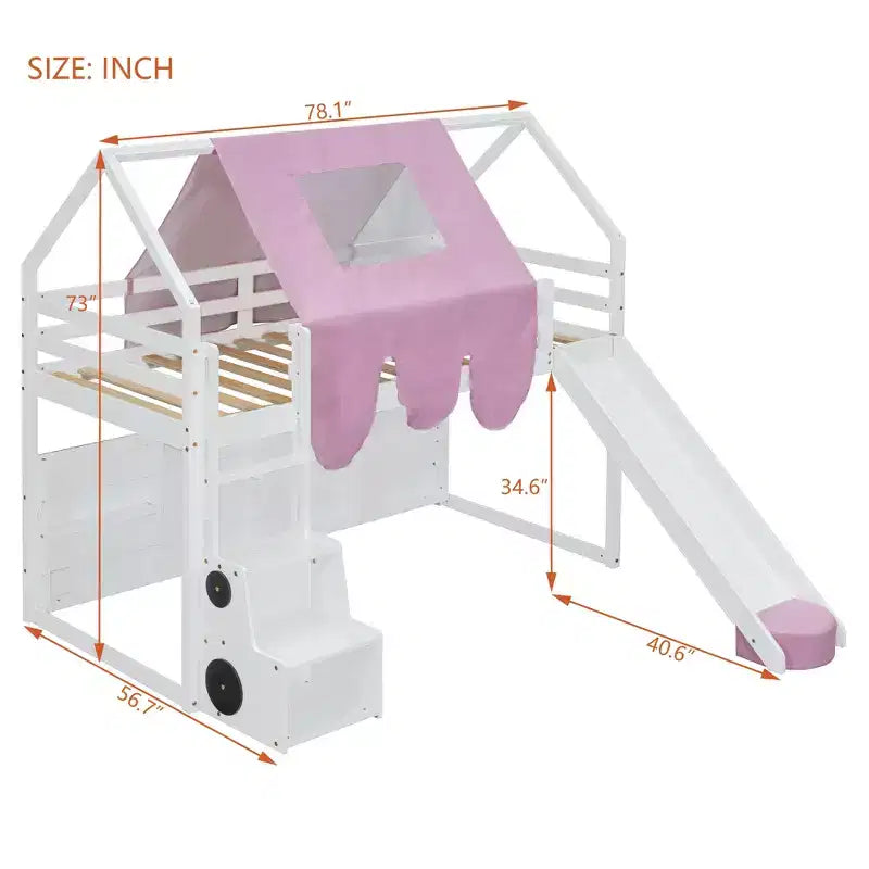 Lit cabane surélevé avec toboggan, baldaquin en tissu et rangements intégrés