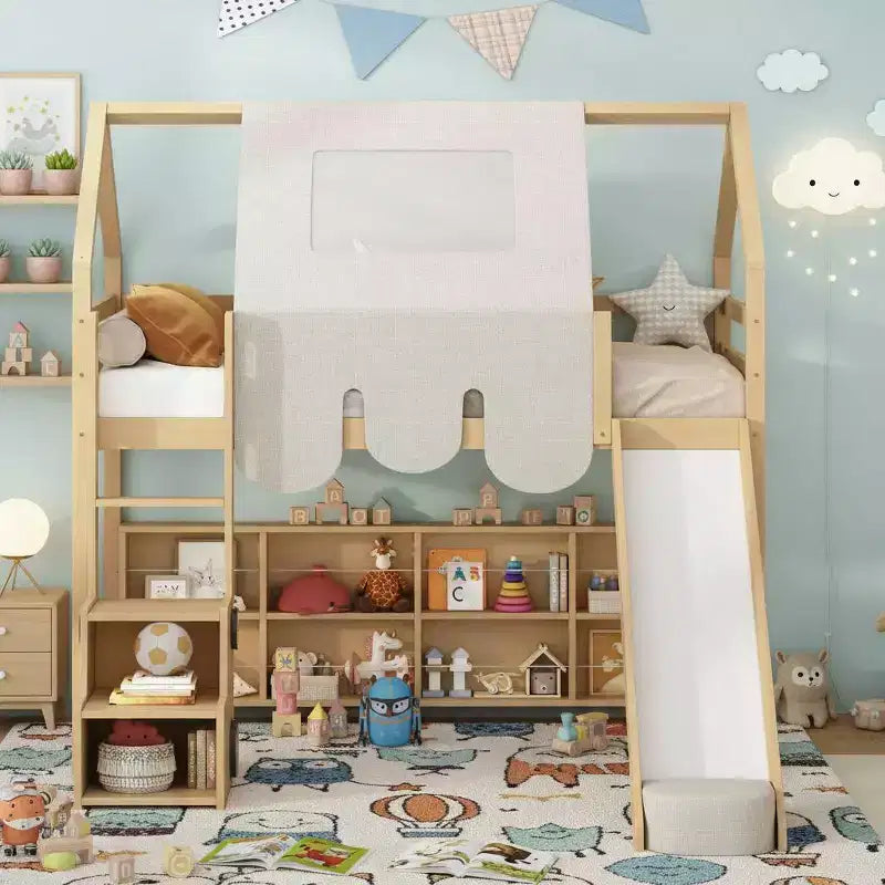 Lit cabane surélevé avec toboggan, baldaquin en tissu et rangements intégrés