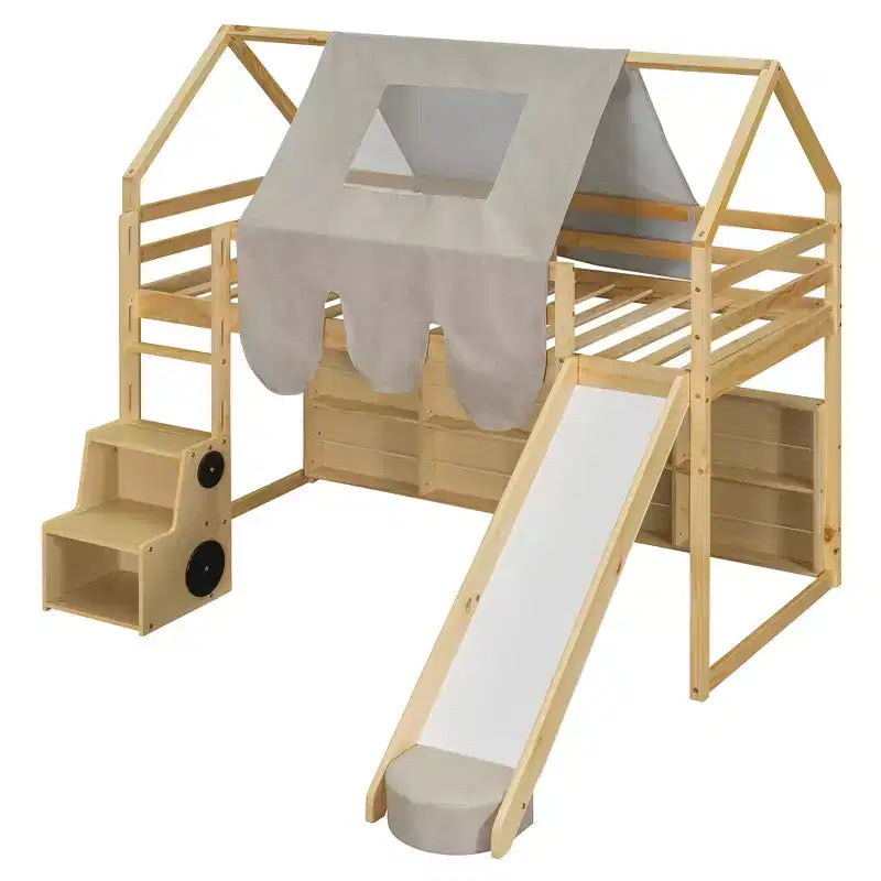 Lit cabane surélevé avec toboggan, baldaquin en tissu et rangements intégrés