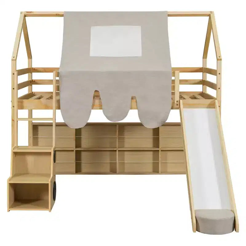 Lit cabane surélevé avec toboggan, baldaquin en tissu et rangements intégrés